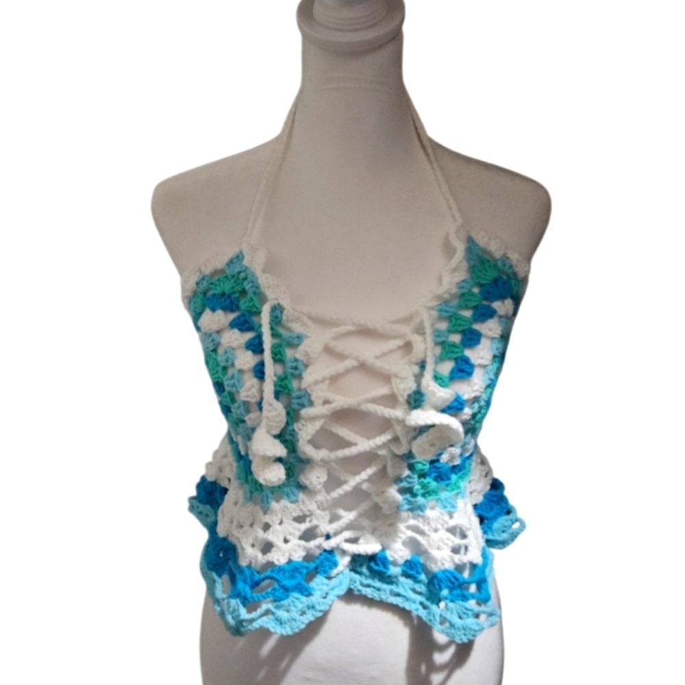 Handmade Granny Square Crochet Halter Top Mermaidcore Boho Criss-cross Icy Blue